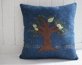 family tree pillow, custom pillow, upcycled denim pillow, nature pillow, personalized pillow, repurposed reclaimed pillow, OOAK