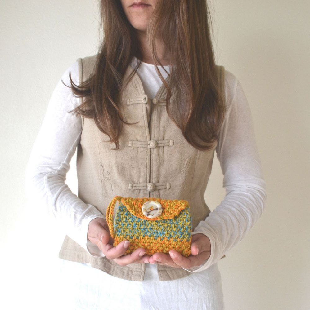 Crochet Wristlet Wallet Retro Sunset Mini Yarn Clutch Yellow Blue Orange