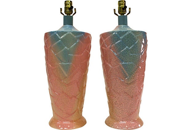 Bright Sorbet Color Tones Crackle Finish Retro Vintage Pair of Ceramic Lamps