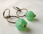 Earrings Sea Green on Antiqued Brass Hoops Vintage Look