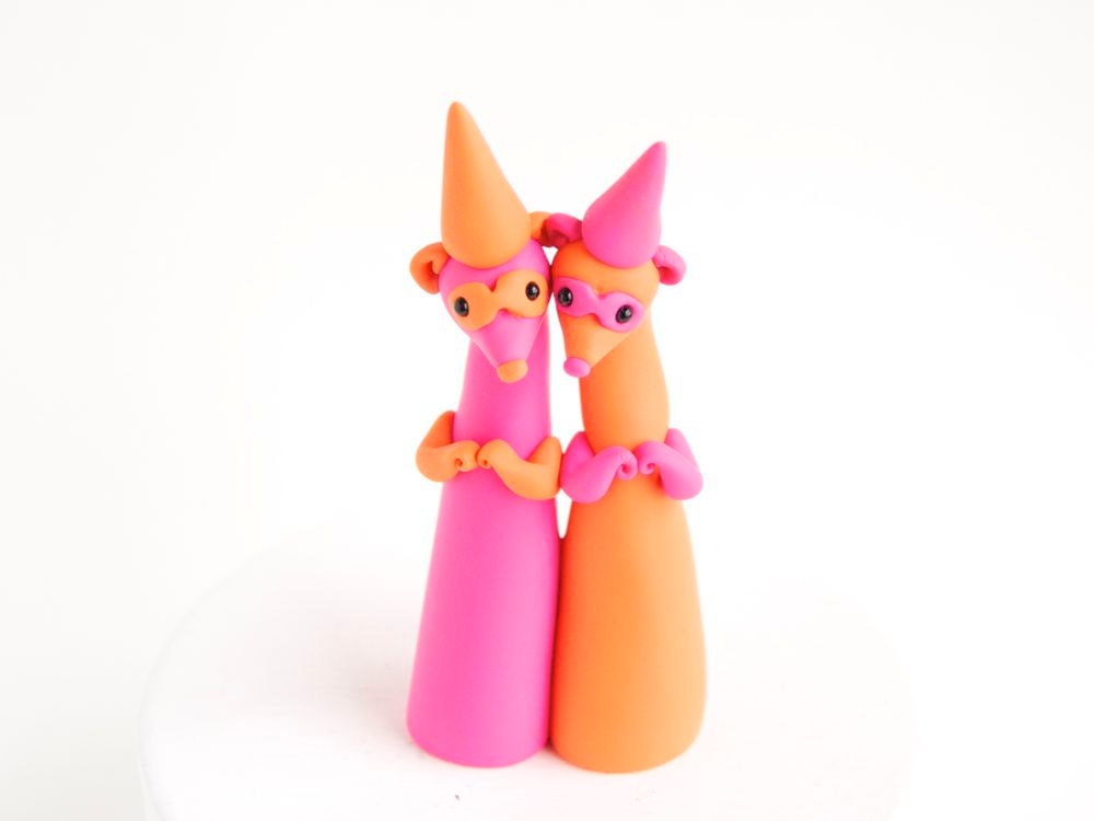 Birthday Cake Topper - Neon Pink and Orange Ferret Twins by Bonjour Poupette