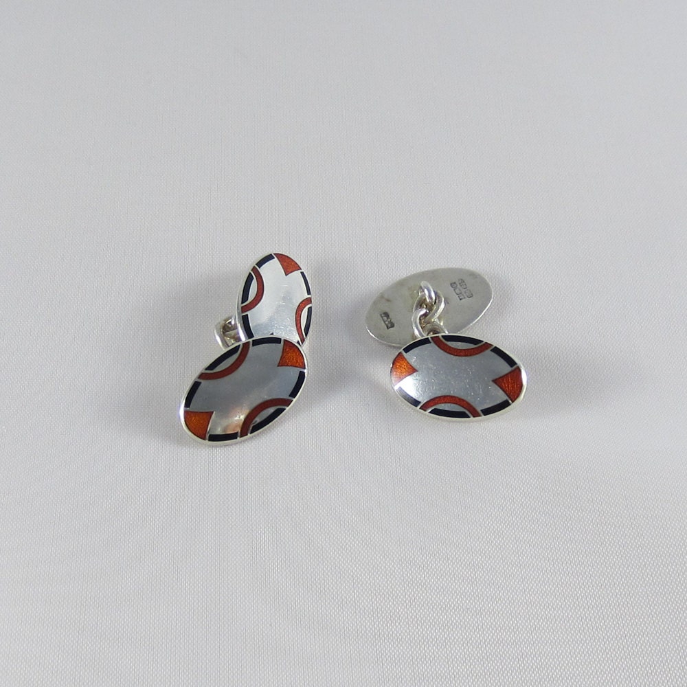 Beautiful Art Deco Enamel Cuff Links. Black and Orange Enamel in Sterling Silver.
