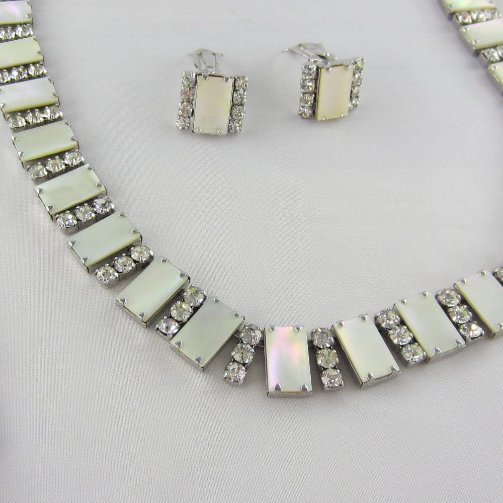 Art Deco Mother of Pearl and Rhinestones Suite, Necklace, Bracelet and Earrings. Circa 1940s. Addy on Etsy.