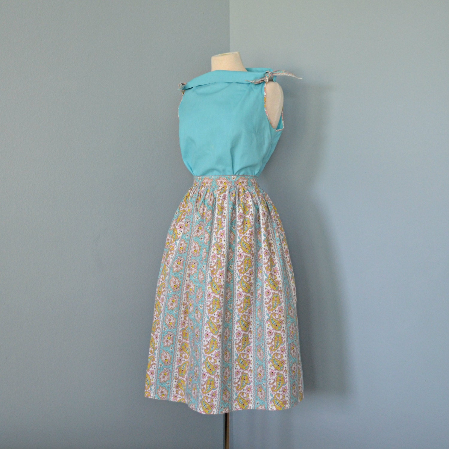 Vintage 1950s Day Dress...Summery Cotton Robin's Egg Blue and Paisley Blouse and Skirt Small