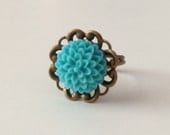 SALE, 50% OFF - Turquoise Mum Flower Cabochon Ring - Adjustable, Bronze Vintage Setting