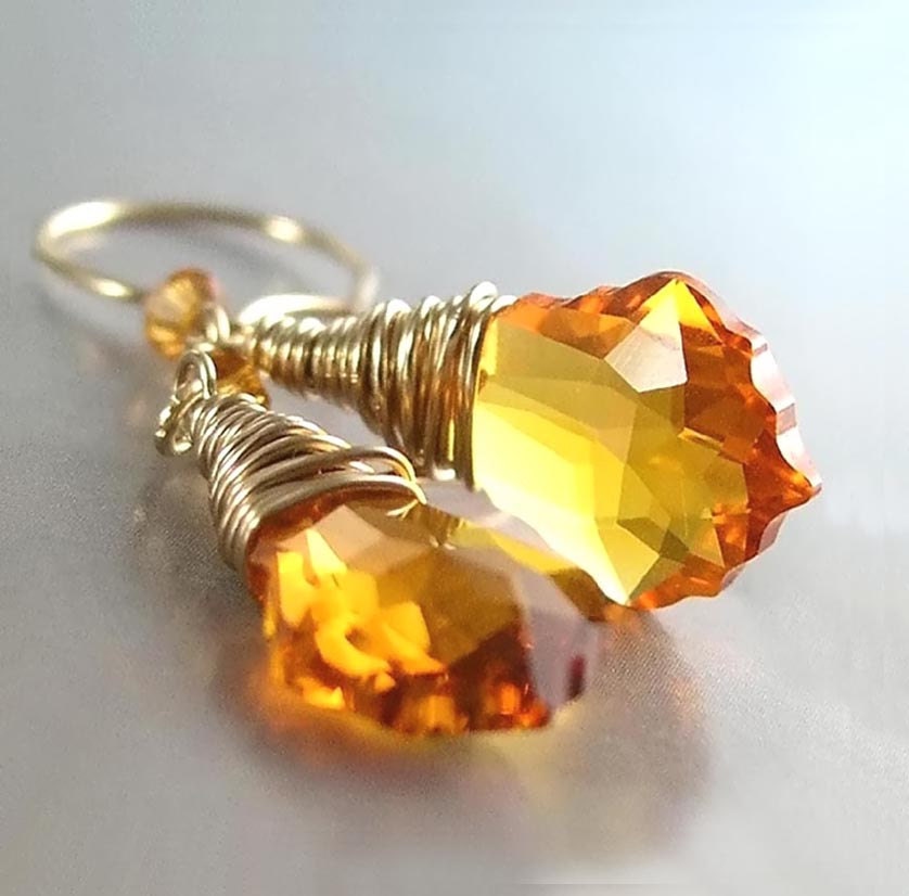 Golden Amber Earrings Swarovski Yellow Honey Orange Crystal Dangle Drop Earrings 14K Gold Fill Earrings