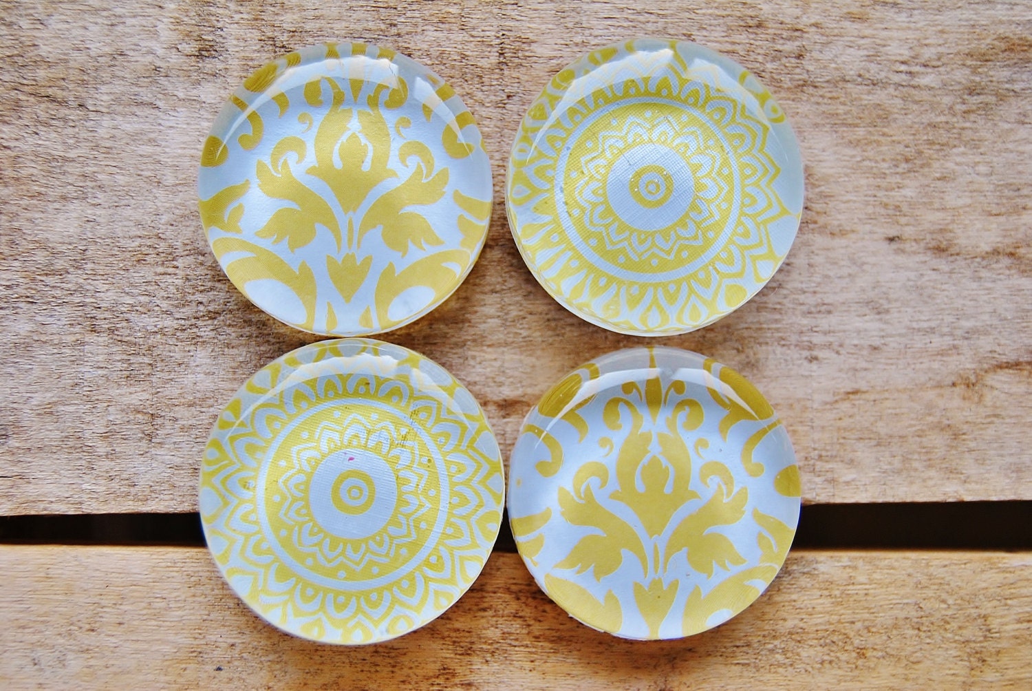Glass Magnets Large Set of 4- Yellow Damask