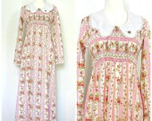 1970s Dress / 70 pink dress / rose dress / tea length / cotton maxi dress / garden wedding dress / smocked / small