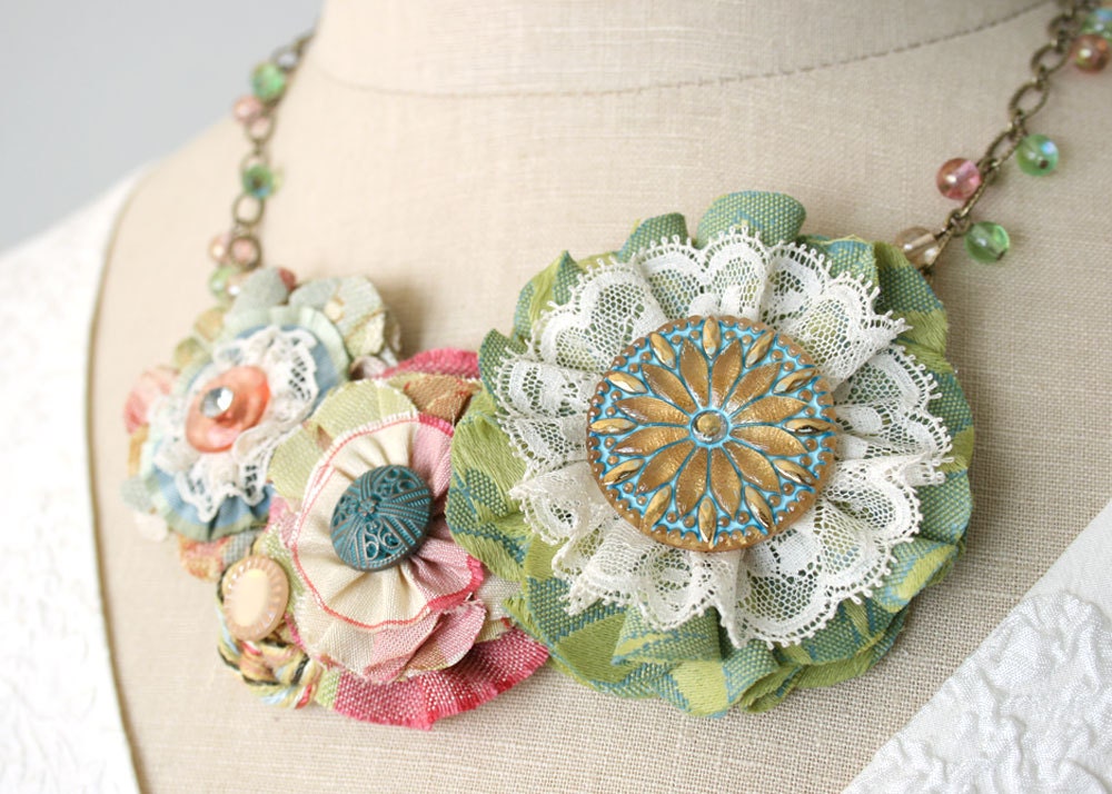 Colorful Floral Statement Necklace in Spring Pastels, Textile Necklace, Vintage Jewel Necklace, Fabric Flower Necklace