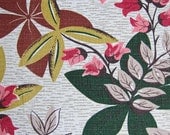 Vintage Floral Barkcloth Fabric Panel, Textured Cotton Material Leaves 1950s