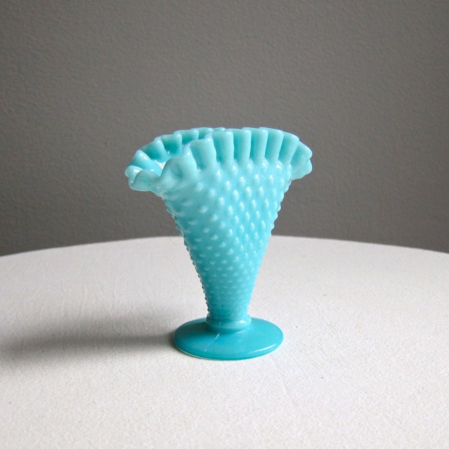 Hobnail Turquoise Blue Milk Glass Mini Fan Vase by Fenton