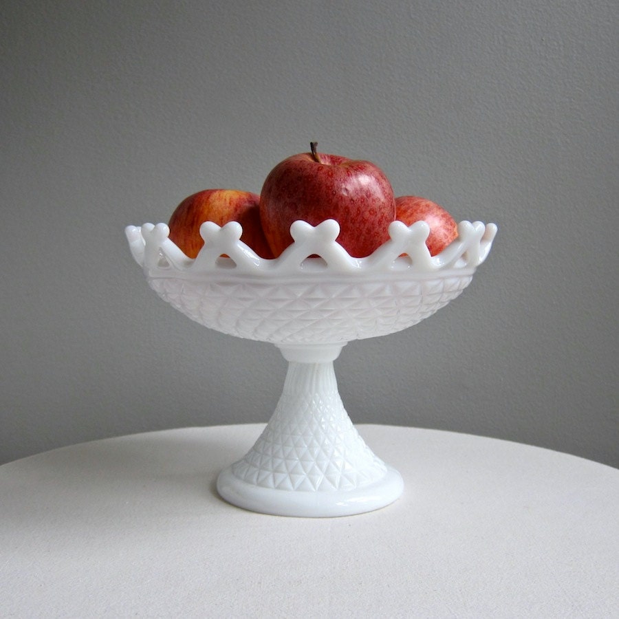 Imperial Milk Glass Footed Bowl or Compote 1960s Crossed Border Triangles