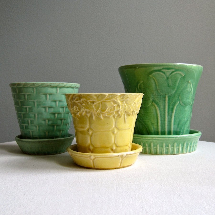 Vintage Planter Instant Collection - Three American Pottery Flower Pots in Yellow and Green McCoy