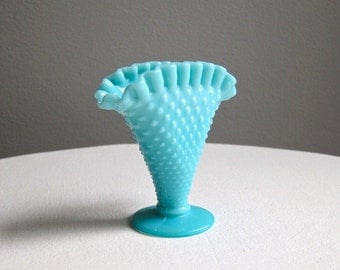 Hobnail Turquoise Blue Milk Glass Mini Fan Vase by Fenton