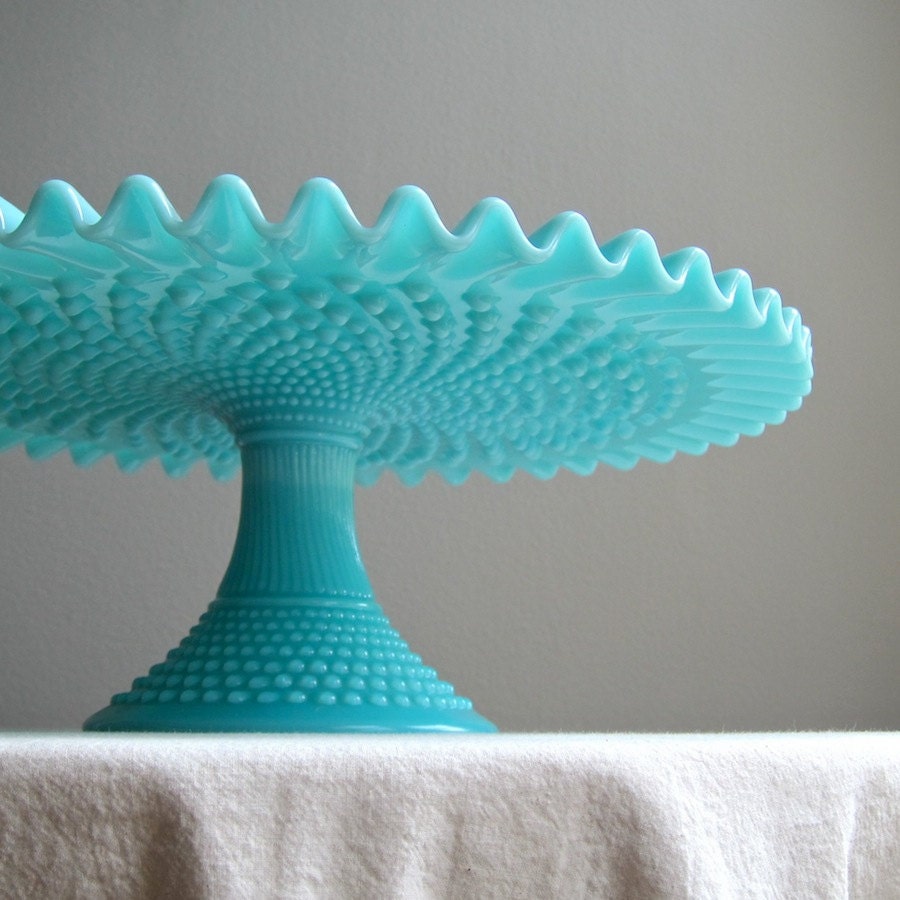 Fenton Turquoise Blue Hobnail Milk Glass Cake Stand, 1950s Wedding Cake Plate