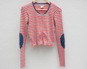 90s vintage cropped striped zip front shirt, denim elbow patches, Medium