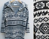 MEMORIAL DAY SALE 60s vintage women's acrylic sweater, black and white, geometric, tunic collar, hippie - large