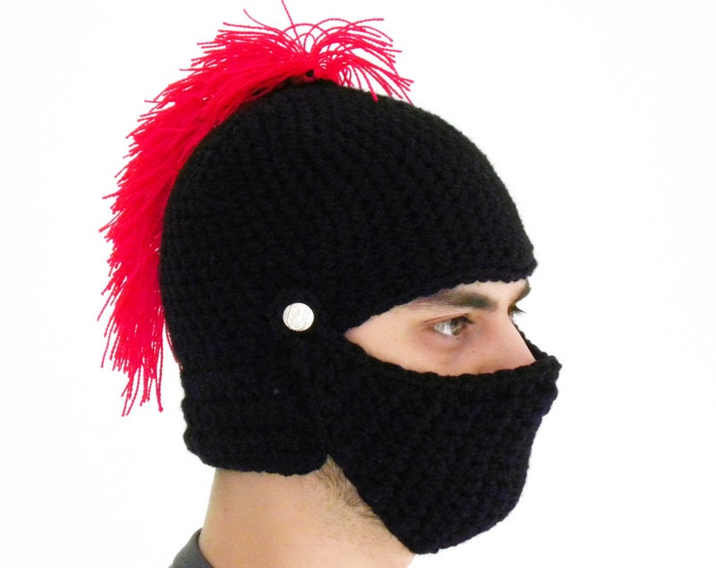 Knight Helmet Hat Crochet Slouch Mens Convertible Beanie Hat Handmade Winter Men Snowboard Ski Hat unisex black red