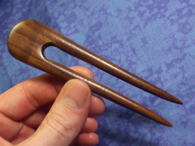 Hand carved small hair fork in black walnut wood