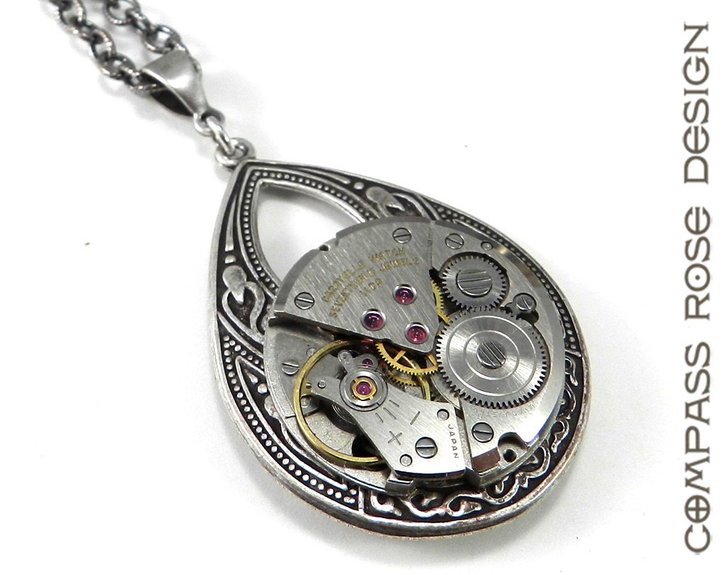 Steampunk Necklace - Silver Teardrop CARAVELLE Pocket Watch Pendant - Mechanical Watch Movement - Industrial Pendant