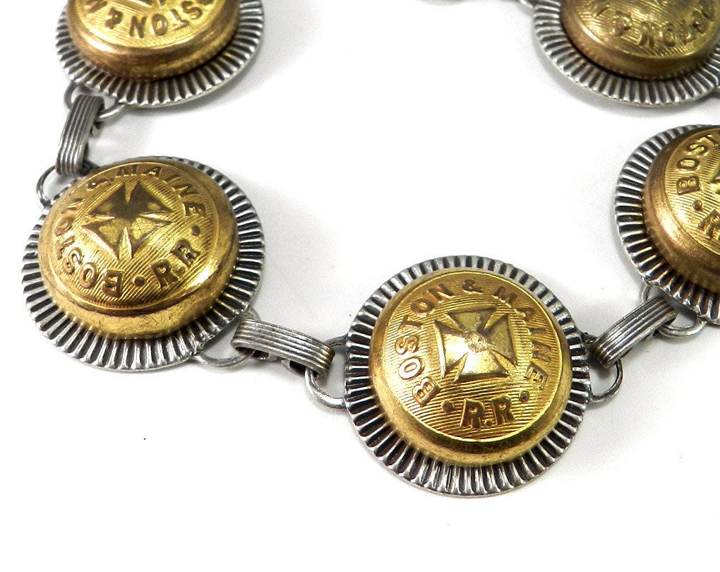 Antique Train Button Bracelet - Vintage Railroad Uniform Boston & Maine Railroad Button Bracelet - Travel Adventure History