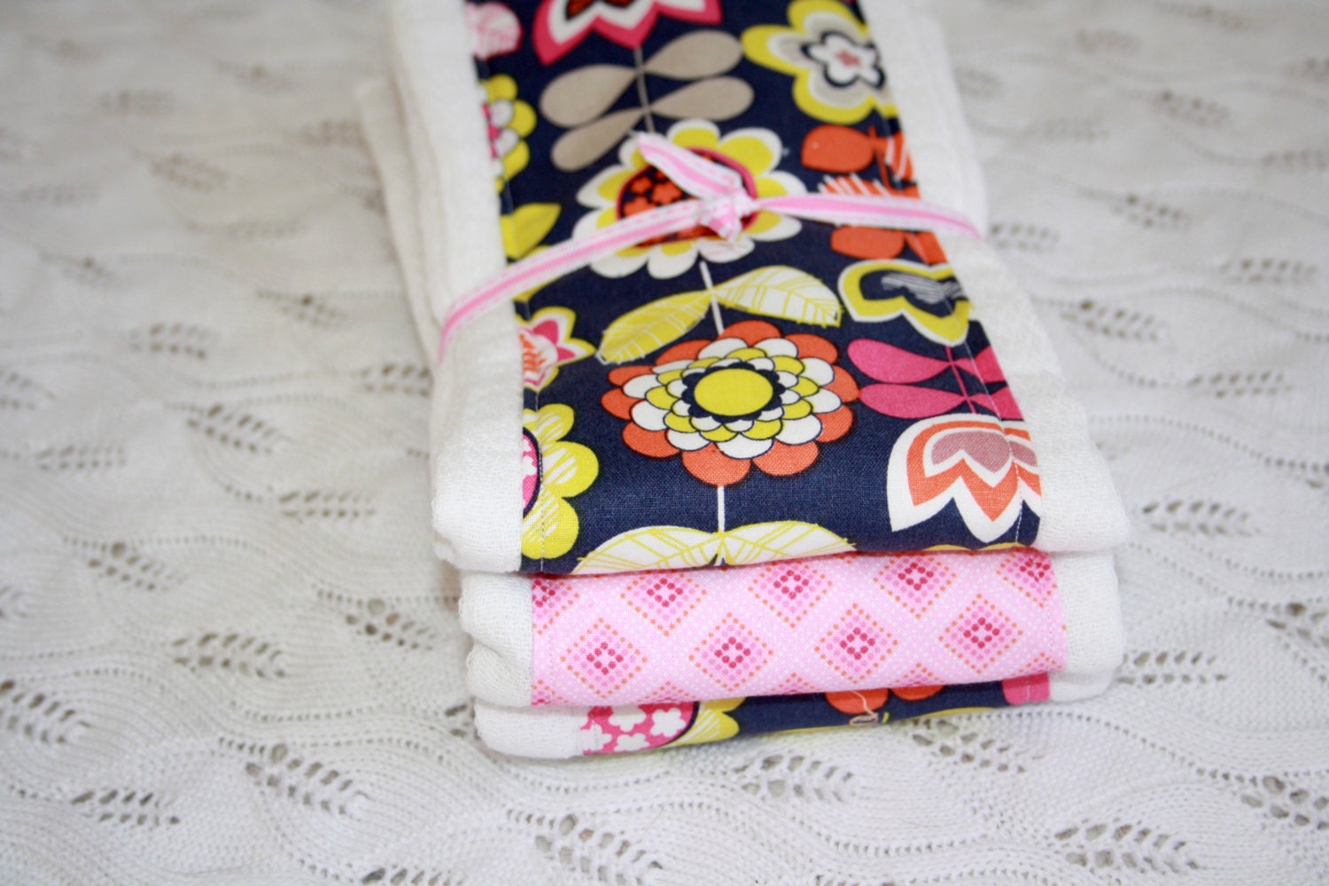 Baby Burp Cloths- Set of 3, navy, pink flowers