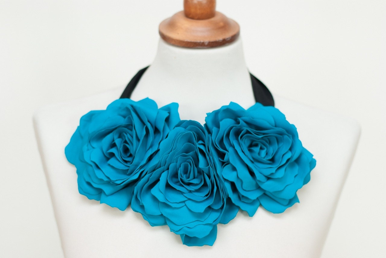 Dark Turquoise Fabric flower necklace jewelry accessory handmade flower crown black ribbon adjustable