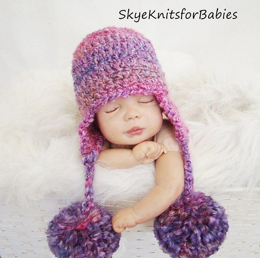 Crocheted Earflap Beanie with Pom Pom, Choose Any Color, Photography Prop