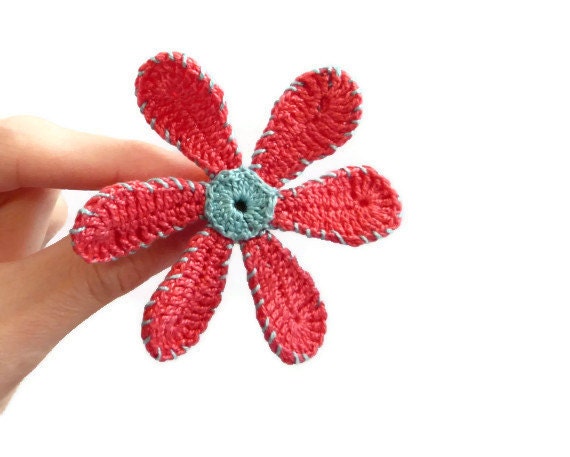 Crochet Flower Brooch Pin Coral & Turquoise