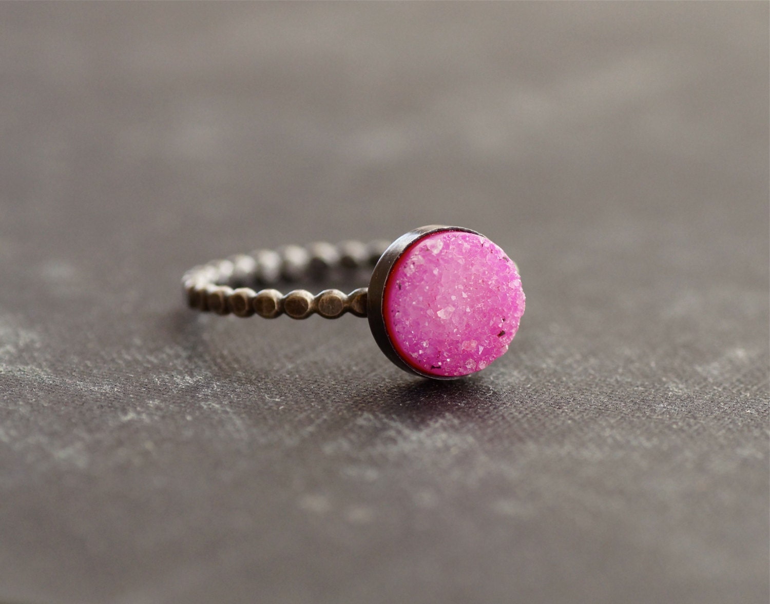 Pink Fuchsia Druzy Stone on Oxidize Sterling Silver Beaded Band - Made to Order