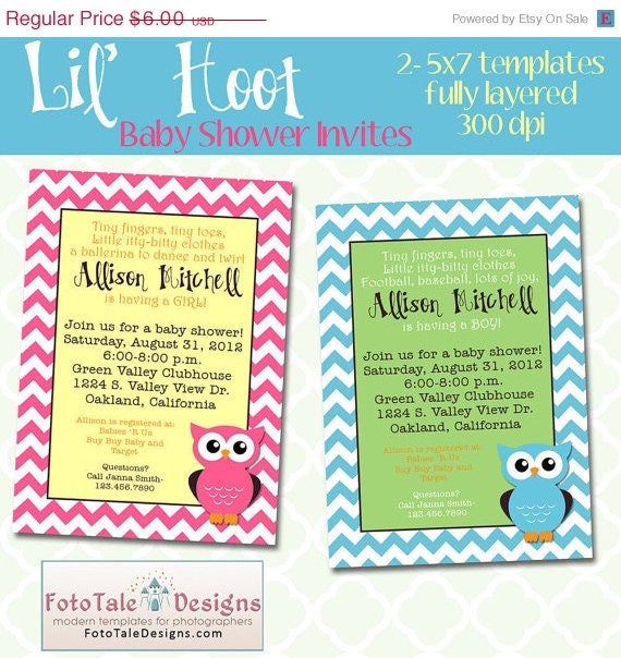 SALE INSTANT DOWNLOAD - Lil' Hoot Baby Shower Invites- 2 custom 5x7 invitation templates