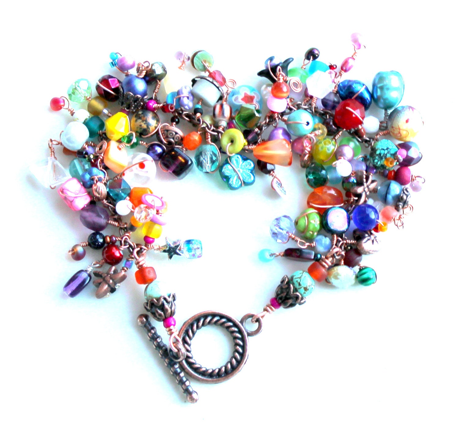 rainbow charm bracelet. copper wrapped beaded fringe bracelet. colorful beads charms jewelry stacking wire wrapped uniquenecks bracelet