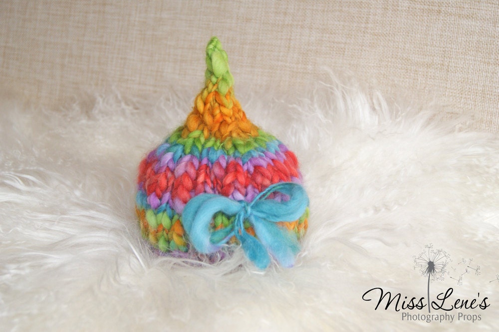 Newborn Photography Prop, Newborn Baby Knit Hat, OOAK Handspun Baby Hat,  Extra Pointy Newborn Pixie Hat, Baby Girl Gnome Hat