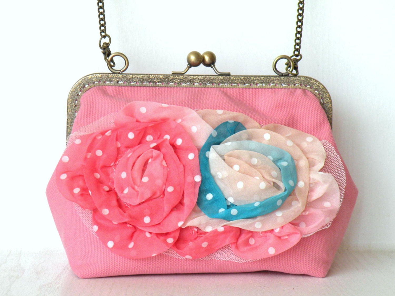 Hand made pink flowers on pink kanvas ,shoulder bag,purse,hand bag,clutch