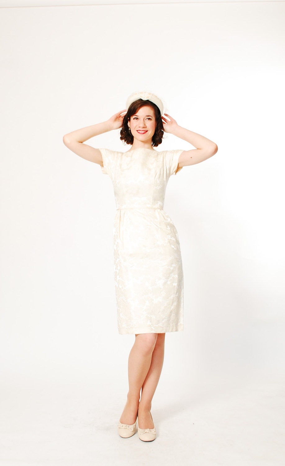 1960s Dress - 60s Courthouse Wedding Dress - Ivory Brocade