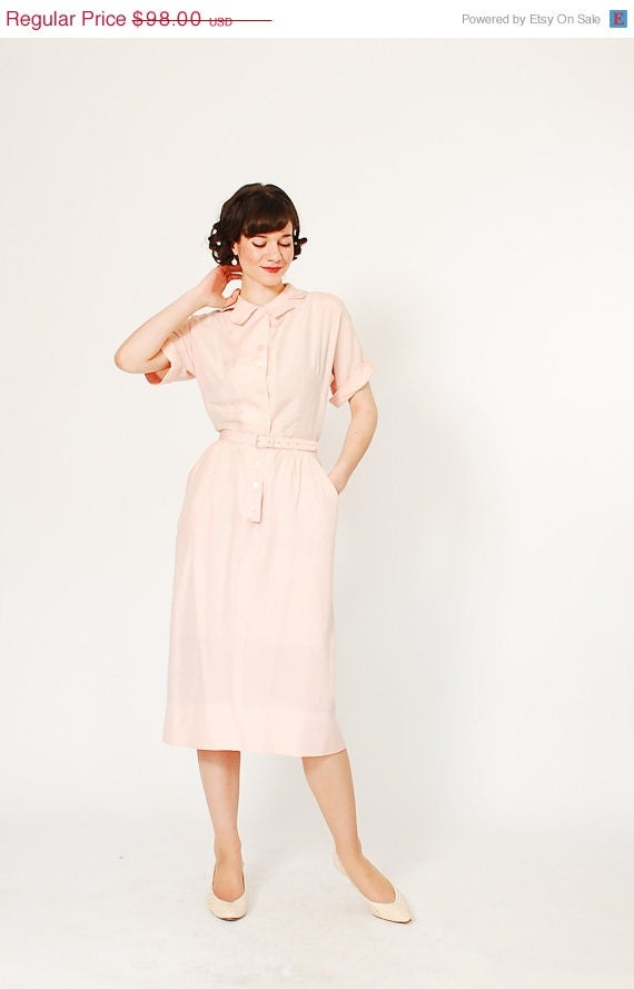 20% OFF - Silk 1950s Dress - 50s Dress - Palest Pink Shirtwaist