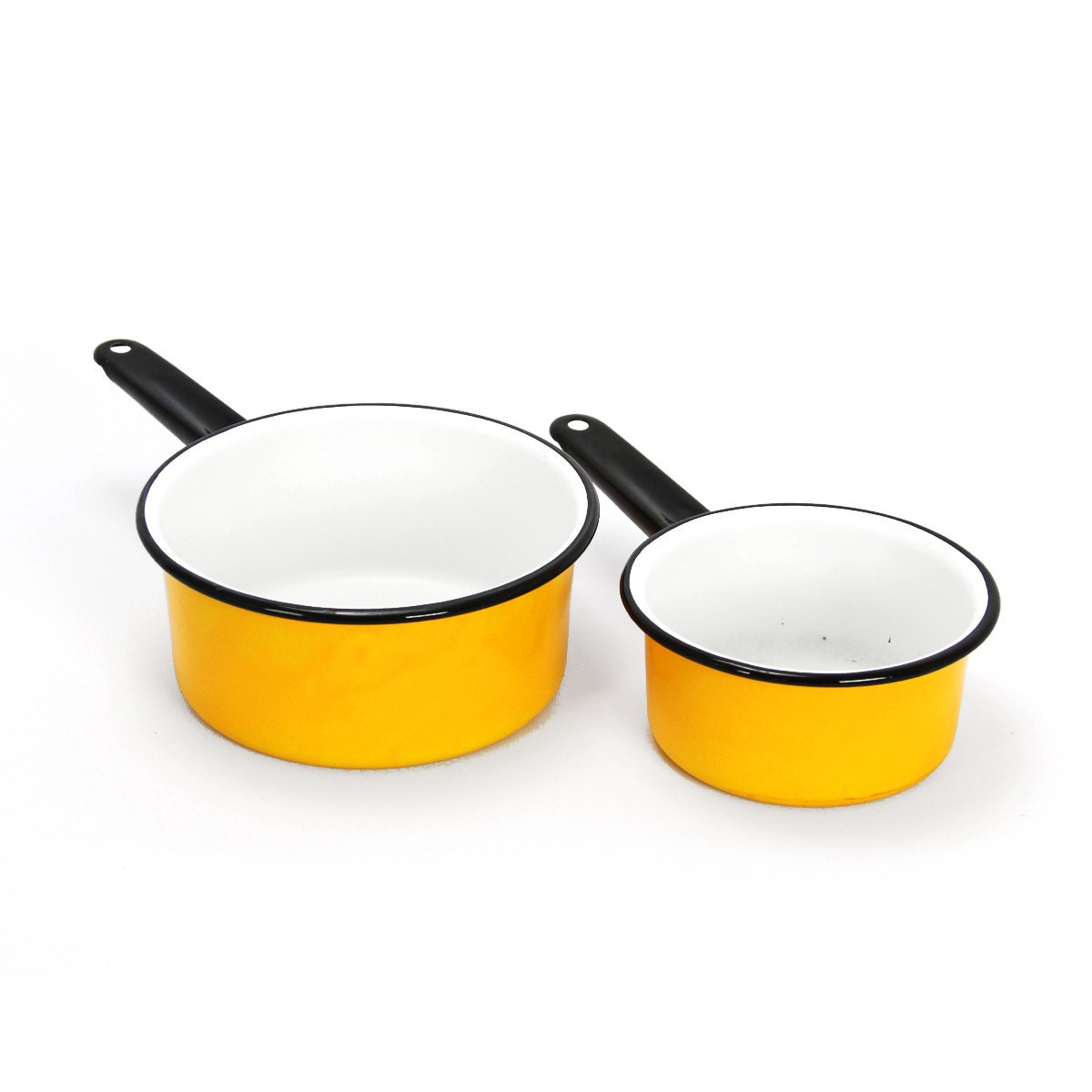 vintage enamelware yellow camping pots