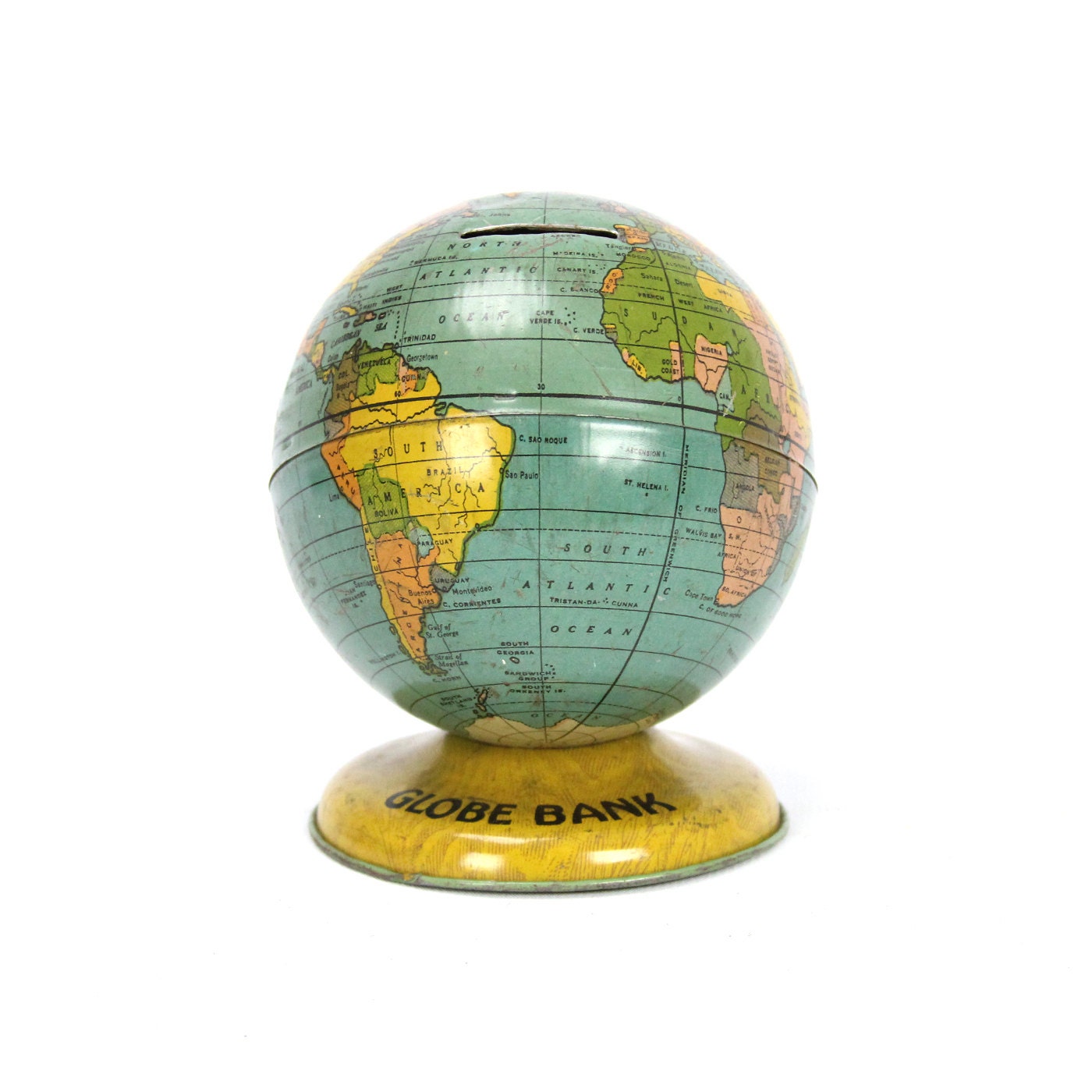 vintage tin world globe bank