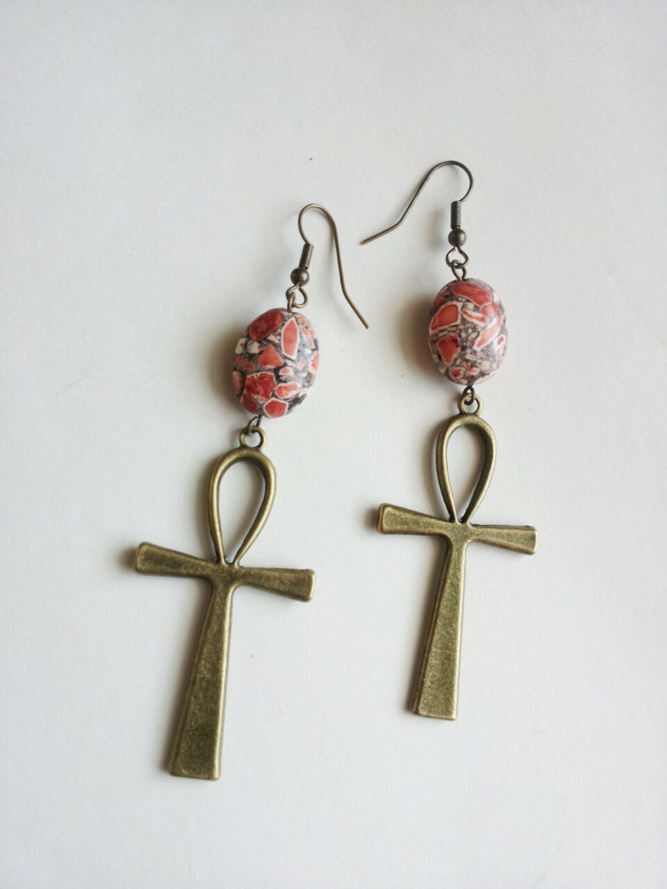 Brass and stone Ankh earrings- long dangle earrings- The Taina