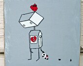 Sad Robot Wall Plaque -Fun Wall Art - Mixed Media Wood