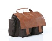 Brown Canvas  and Brown Faux Leather Business Case - Padded Laptop Briefcase - Laptop Bag - Lola Convertible Briefcase