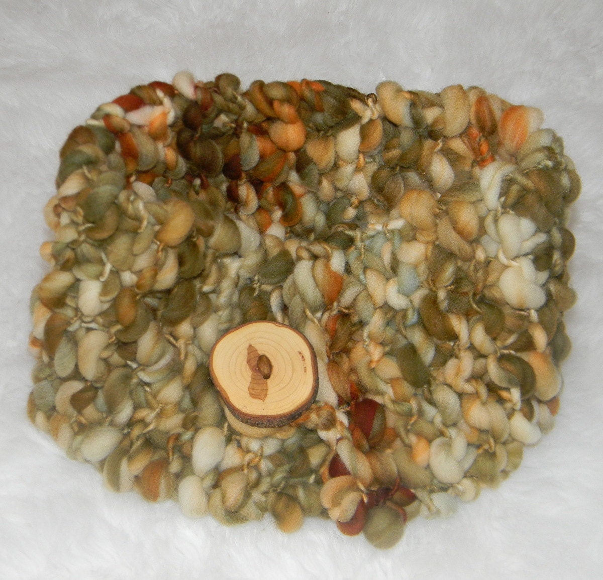 Warm and Cozy Bubble Knit Neckwarmer in Beautiful Earth Tones With Natuaral Wooden Button