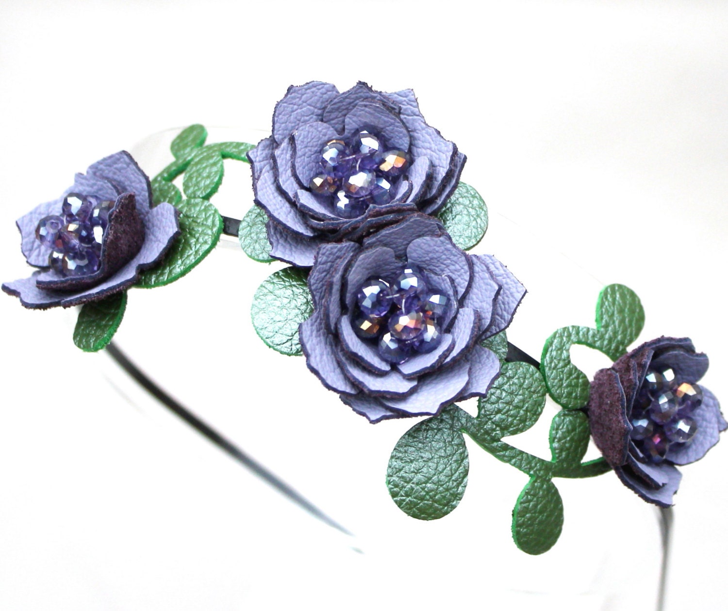 Bridal hair flower headband periwinkle headband wedding hairpiece leather headband with crystal beads woodland wedding