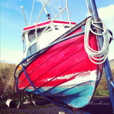 Ship Photo, Fishing Boat, Fine Art Photography, Pastel Red Blue, My Tugboat, Pictures of Iceland