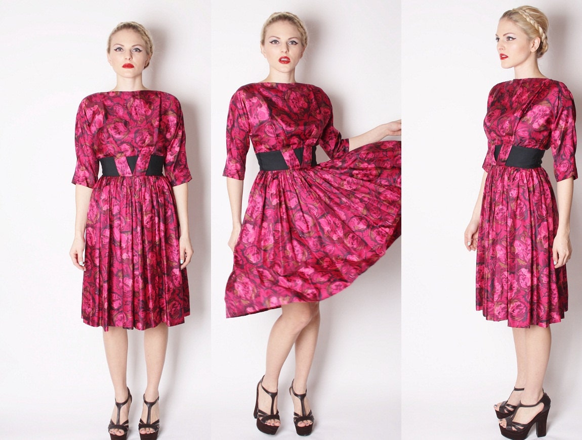 50s Vintage Fuchsia Rose Graphic Print Cocktail Party Dress / 60s Cocktail Dress / Pink Mad Men Party Dress / 1988