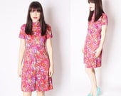 Fuchsia Pink Floral Abstract Short 60s Summer Dress / Hot Pink Floral Dress / Psychedelic Dresses / 2253