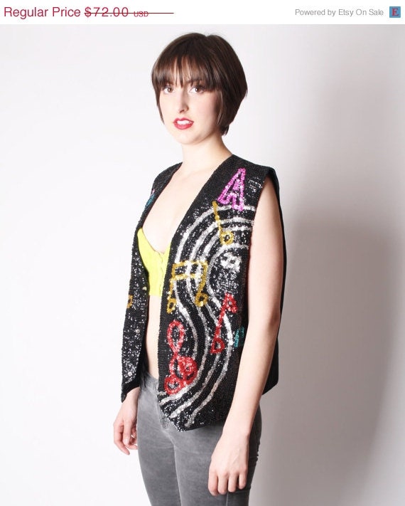 Vintage Black Sequin Multi Color Music Note Musician Novelty Vest / Sequin Vest / Novelty Sequins / Musicnotes / Black Sequin Vest / 1905