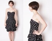 Vintage 1980s Black Polka Strapless Sweetheart Neckline Cocktail Party Dress / Strapless Dress / Ruffle Dress / Rockabilly Dress / 1779