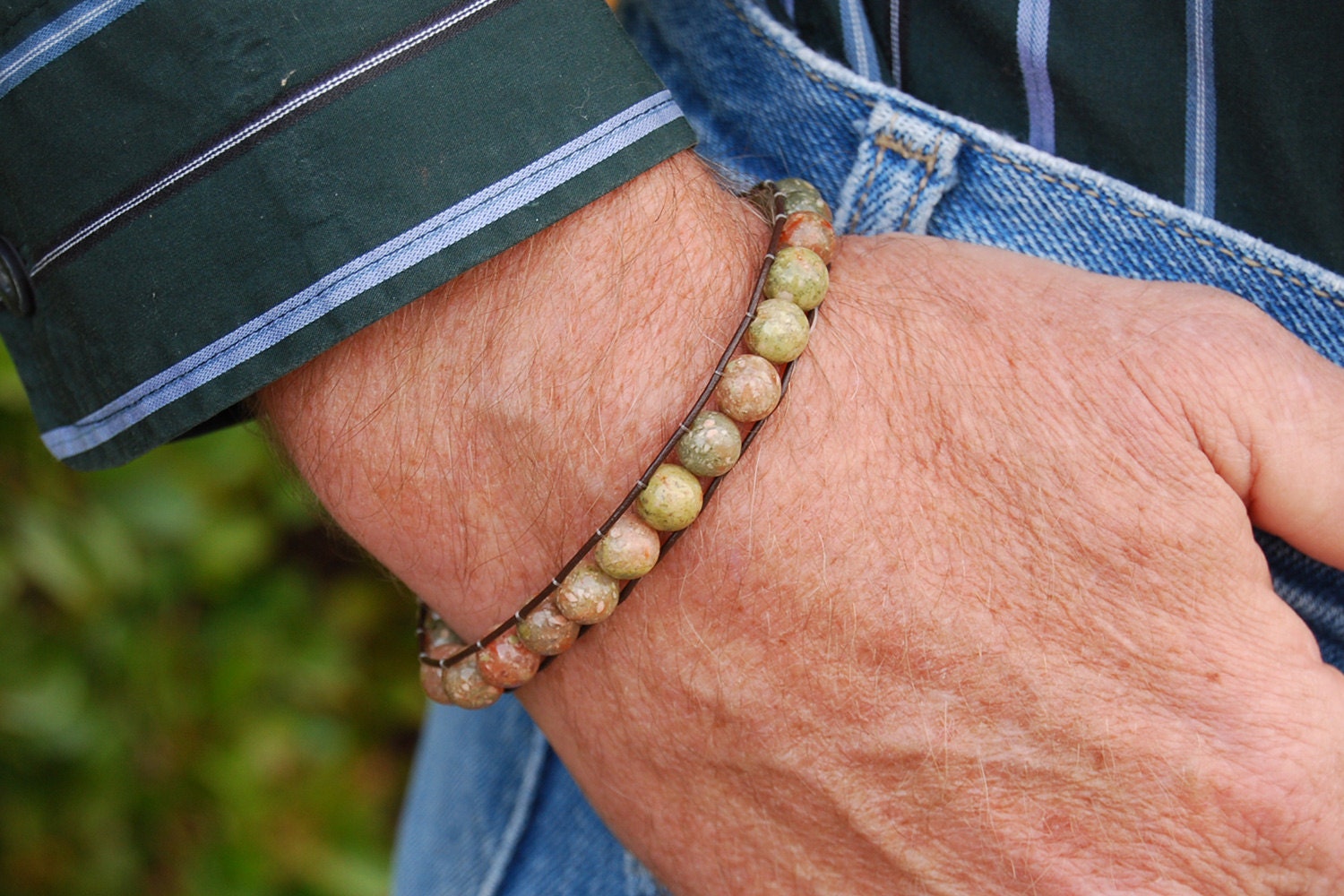 Modern Day Warrior - Unisex 9 In. Beaded Bracelet - Unakite & Leather - Handcrafted Gemstone Jewelry