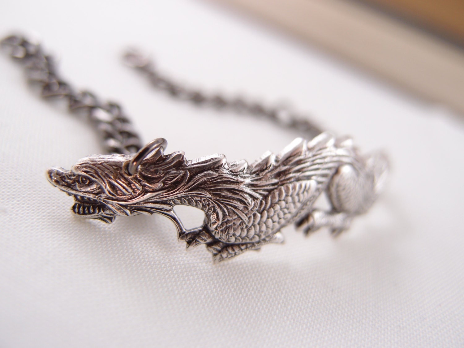 Aged sterling silver plated brass mythical Asian dragon gunmetal chain bracelet
